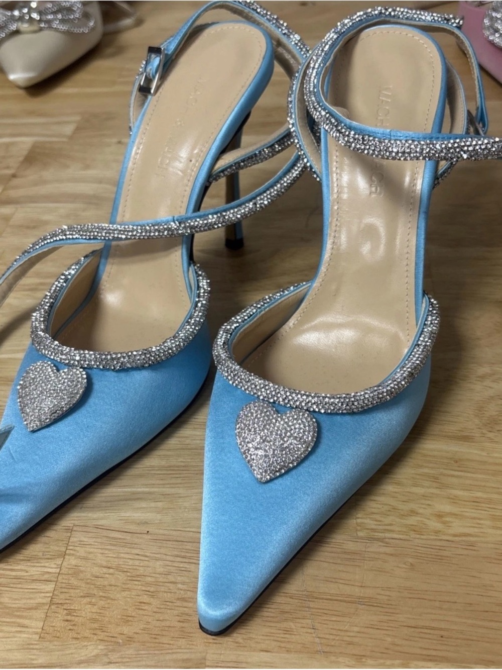 Mach & Mach Blue Satin Crystal Heart Pumps Size 38